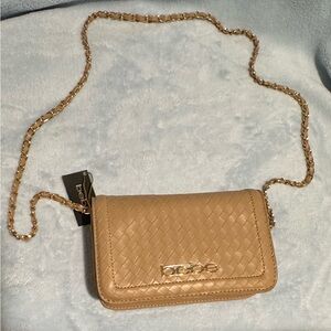 Bebe Beige Woven Wristlet with Gold Chain